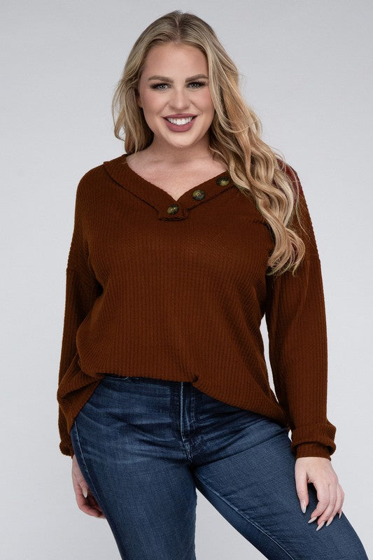 Bobbi Plus Brushed Waffle V-Neck Button Sweater