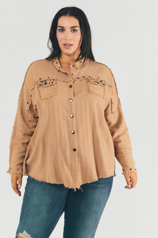 Johnna Plus Distressed Hem Button Down