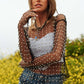 Bead and Pearl Embellished Long Sleeves Mesh Top