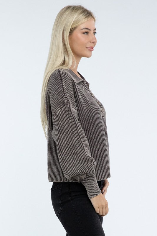 Washed Collared Henley Sweater