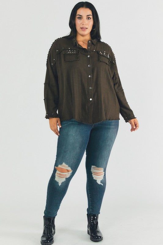 Johnna Plus Distressed Hem Button Down