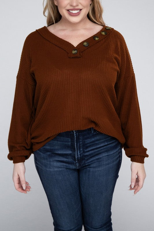 Bobbi Plus Brushed Waffle V-Neck Button Sweater