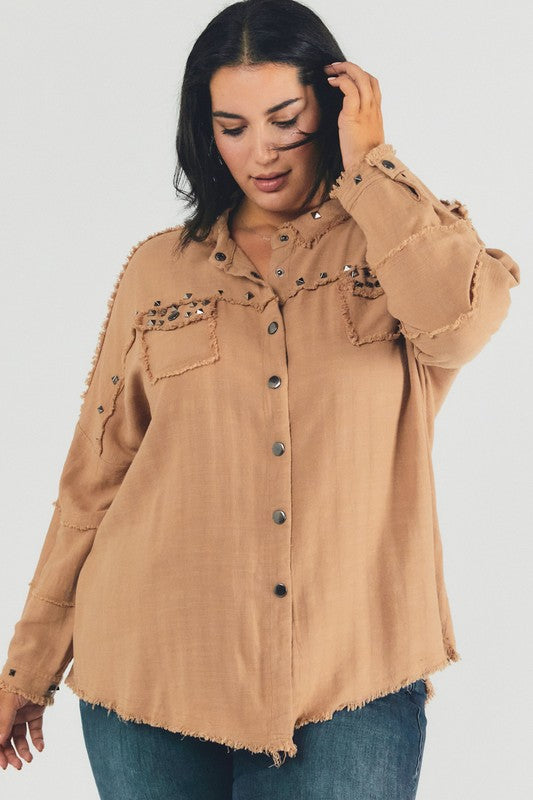 Johnna Plus Distressed Hem Button Down