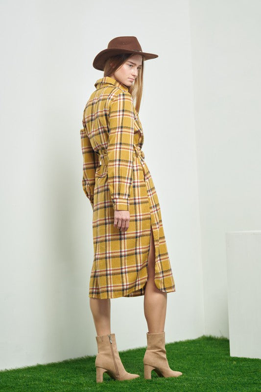 PLAID PRINT COLLAR LONG SHIRT DRESS