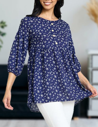 lightweight Button Accent Ditsy Floral Tunic