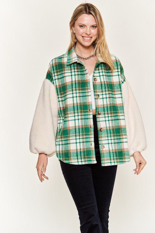 Multi plaid fuzzy sleeve jacket