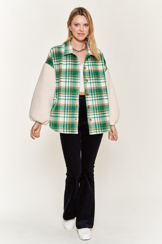 Multi plaid fuzzy sleeve jacket