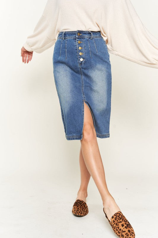 Denim button down front midi skirt