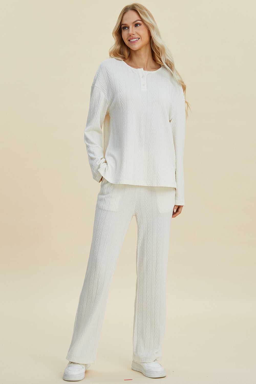 Double Take Full Size Cable-Knit Long Sleeve Top and Pants Set