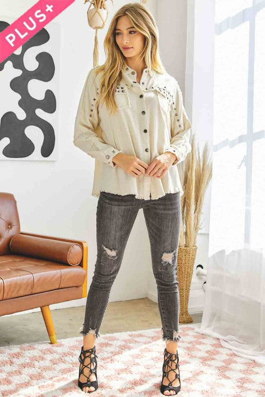 Johnna Plus Distressed Hem Button Down