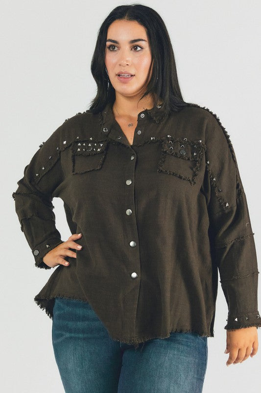 Johnna Plus Distressed Hem Button Down