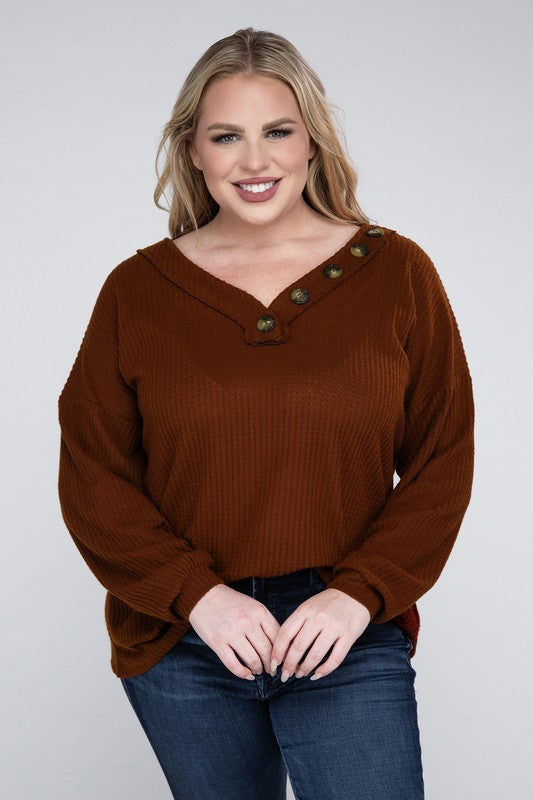 Bobbi Plus Brushed Waffle V-Neck Button Sweater