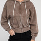 Acid Wash Fleece Cropped Zip-Up Hoodie