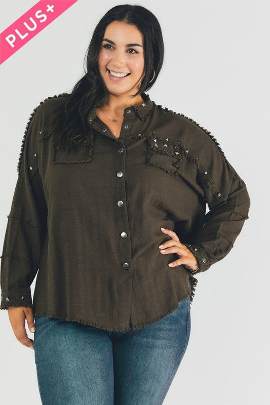 Johnna Plus Distressed Hem Button Down