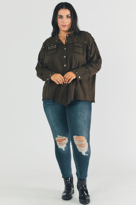 Johnna Plus Distressed Hem Button Down