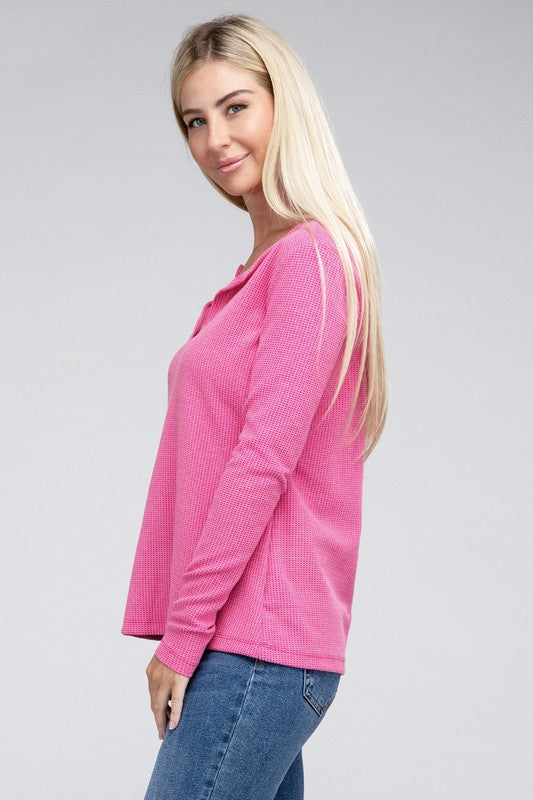 Melange Baby Waffle V-Neck Long Sleeve Top