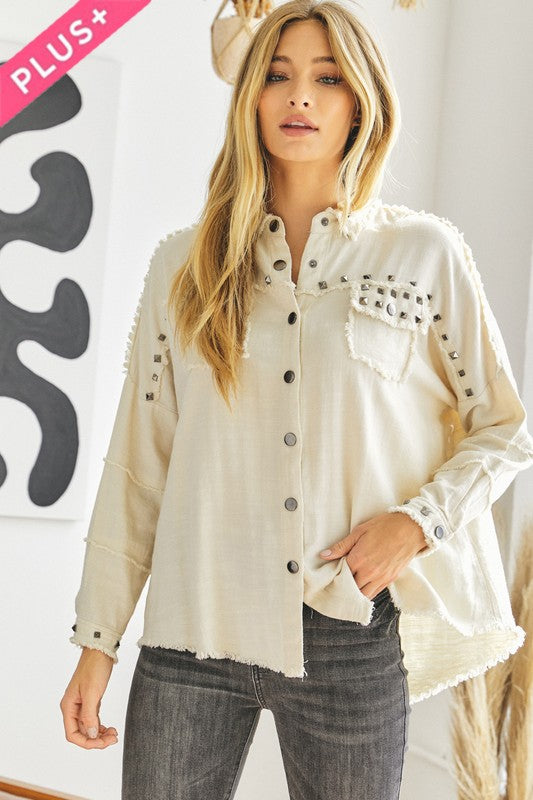 Johnna Plus Distressed Hem Button Down