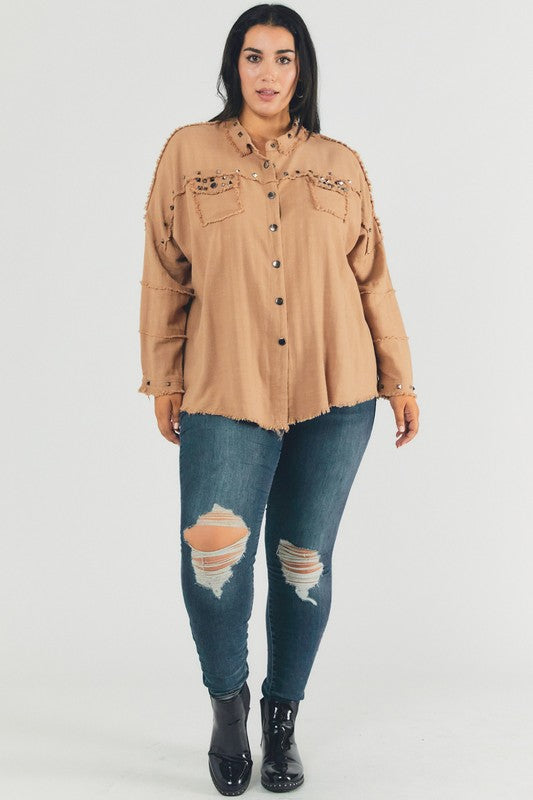 Johnna Plus Distressed Hem Button Down