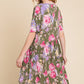 BOMBOM Flower Print V-Neck Ruched Dress