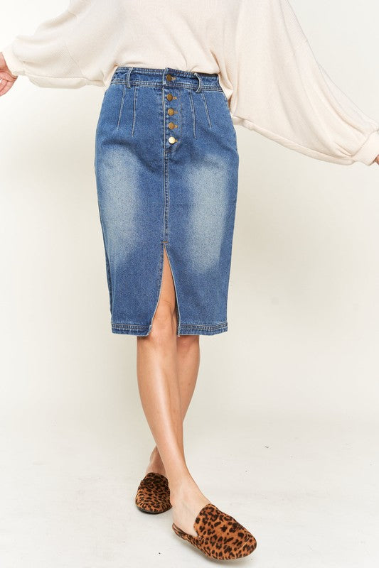 Denim button down front midi skirt