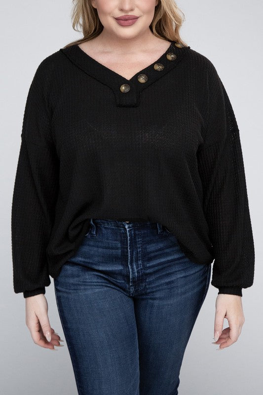 Bobbi Plus Brushed Waffle V-Neck Button Sweater