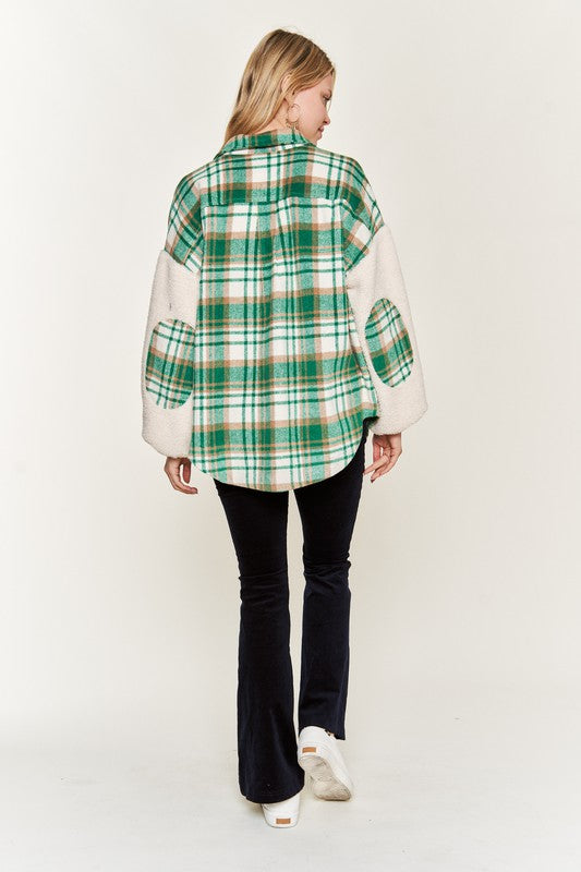 Multi plaid fuzzy sleeve jacket