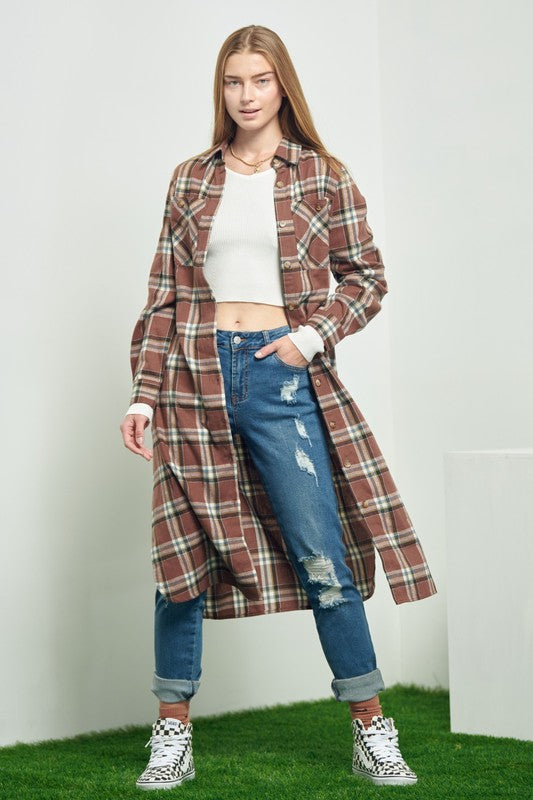 PLAID PRINT COLLAR LONG SHIRT DRESS