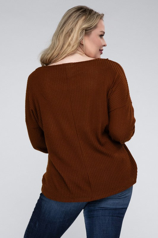 Bobbi Plus Brushed Waffle V-Neck Button Sweater