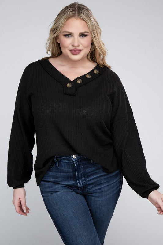 Bobbi Plus Brushed Waffle V-Neck Button Sweater