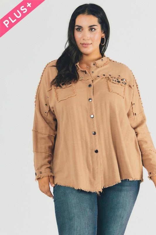 Johnna Plus Distressed Hem Button Down