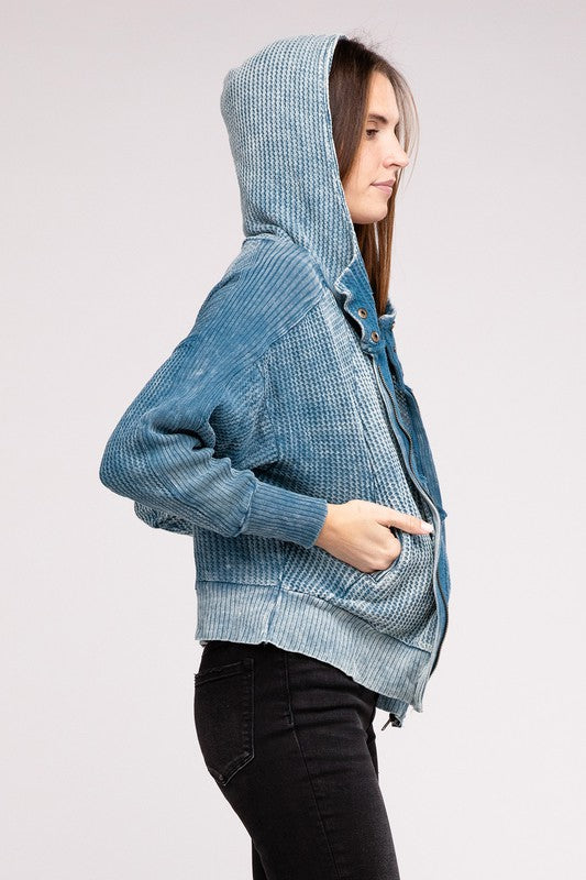 Acid Wash Cotton Waffle Hooded Zip-Up Jacket