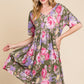 BOMBOM Flower Print V-Neck Ruched Dress