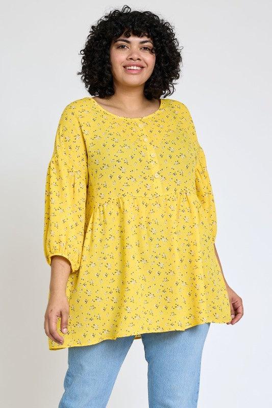 lightweight Button Accent Ditsy Floral Tunic