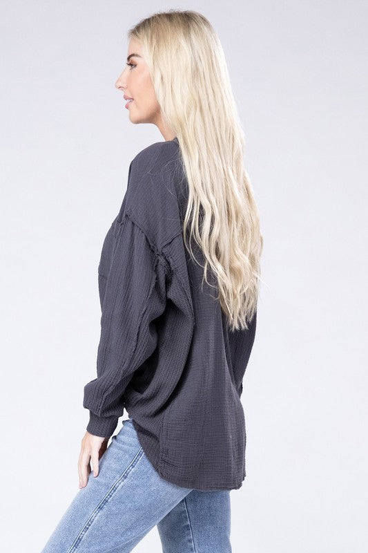 Double Gauze Oversized 3/4 Button Henley Neck Top