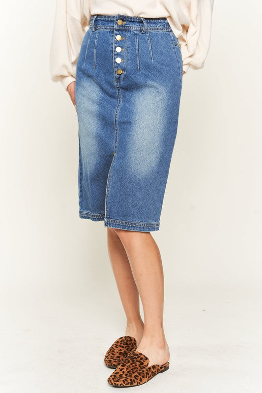 Denim button down front midi skirt