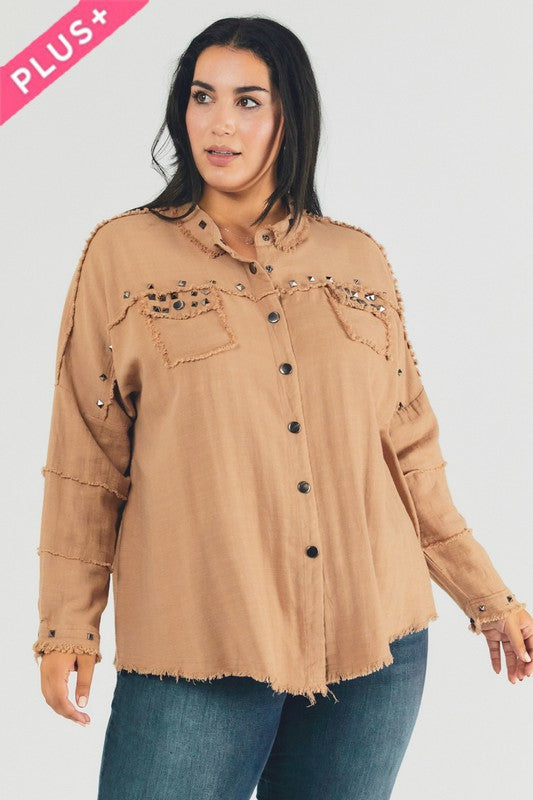 Johnna Plus Distressed Hem Button Down