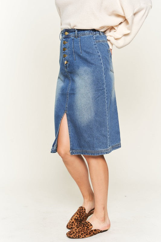 Denim button down front midi skirt