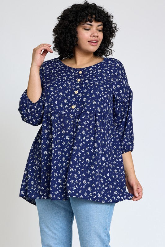 lightweight Button Accent Ditsy Floral Tunic